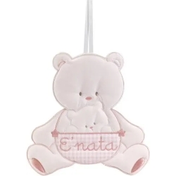 Ribbon Birth Embroidered Teddy Bear and Bow Pink