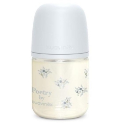 Suavinex Poetry - Glass Baby Bottle with Silicone Teat, Blue, 120 ml