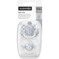 Suavinex Night&Day - 2 Sx Pro Glow-in-the-Dark Silicone Pacifiers 0-6 Months, Blue
