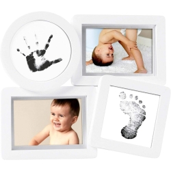 White Wooden Tabletop Collage Frame for Baby Photos and Footprints