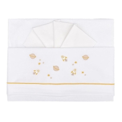 Complete Cot Bed Set - 2 Sheets + 1 Pillowcase with Space Rocket Embroidery - Golden Yellow