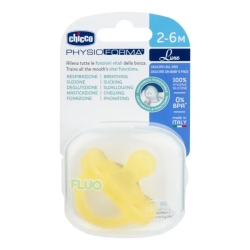 Chicco Physioforma Luxe Fluo - Yellow Textured Shield Silicone Pacifier 2-6 Months with Sterilizing Case