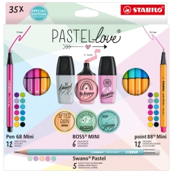 Pastel love - Creative set 35 tools 12 fineliners 12 markers 6 mini highlighters 5 mini graphite pencils