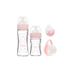 Newborn Twin Set with 2 Glass Bottles, 0-6 Month Pacifier and Pink Pacifier Holder
