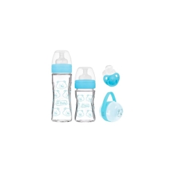 Newborn Twin Set with 2 Glass Bottles, 0-6 Month Pacifier and Blue Pacifier Holder
