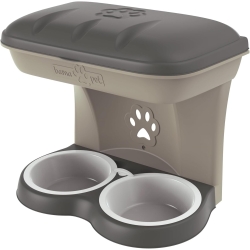 Food Stand - Raised Double Bowl Holder for Dogs, Adjustable Wall Mount, Indoor-Outdoor Use, Dove Grey