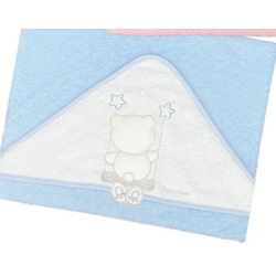 Baby Triangle Bathrobe 100% Cotton with Embroidered Teddy Bears, Blue, 75x75 cm